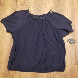 AUW Blue Blouse with Gold colored shoulder straps.